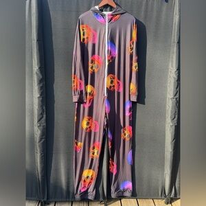 NWOT Adults One-Piece Skull Print Zipper Jumpsuit - Black with Neon Skulls